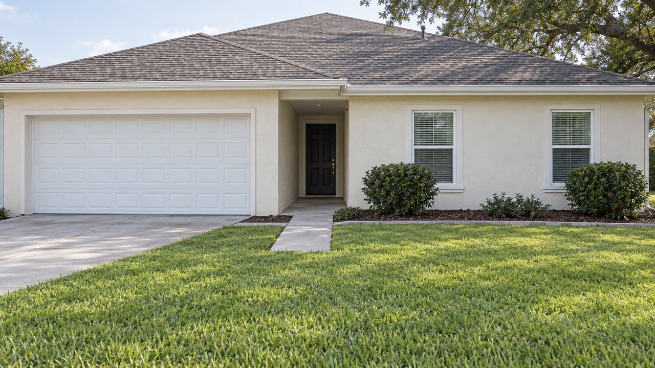 One-story stucco house with a hipped shingle roof, two-car garage, and concrete walk across a broad lawn.