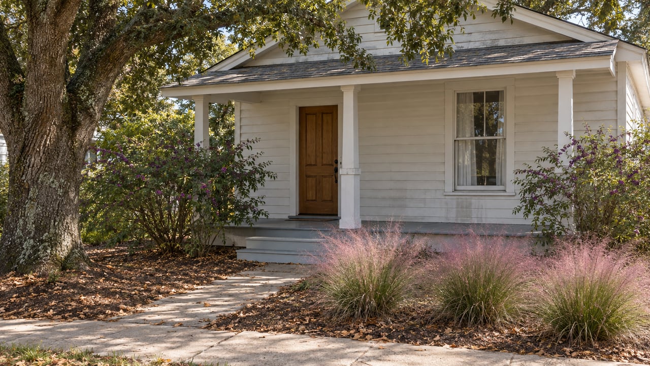Small weathered white house with a shallow porch, framed by an oak canopy and front-yard plantings.