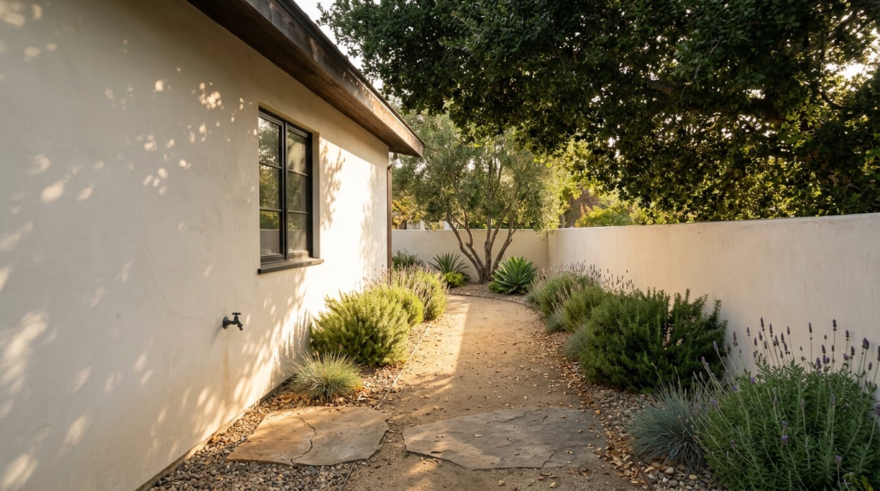 A flagstone path curves between a cottage’s stucco wall and a shrub-lined garden wall beneath an oak canopy.