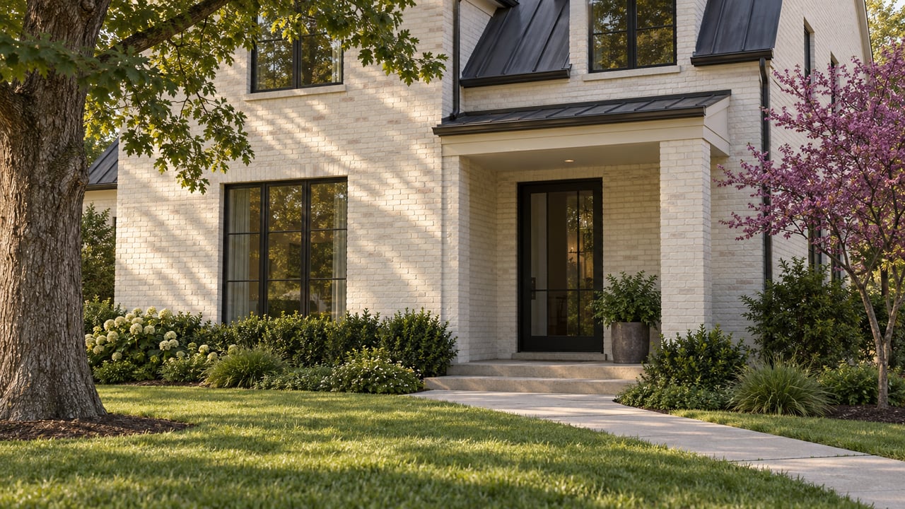 Warm-white brick house with a dark metal roof, recessed glass entry, broad lawn, and trees.