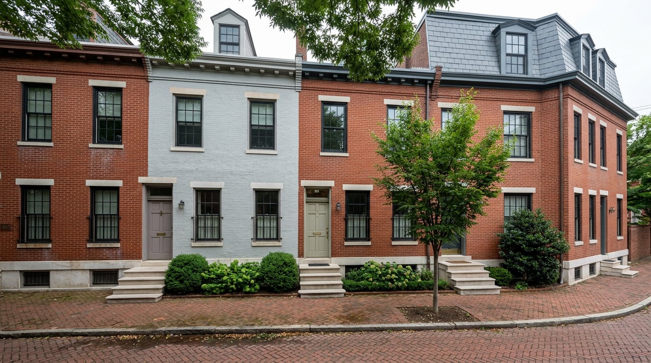 Curving row of brick rowhouses with limestone stoops, iron window guards, and mature street trees.