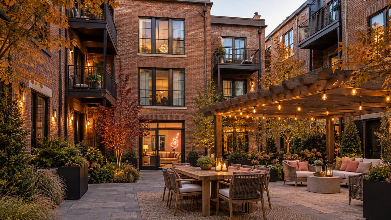 Illustrative Nashville-style brick courtyard with shared balconies, a lit pergola, pink lounge cushions and guitar neon visible inside a unit.