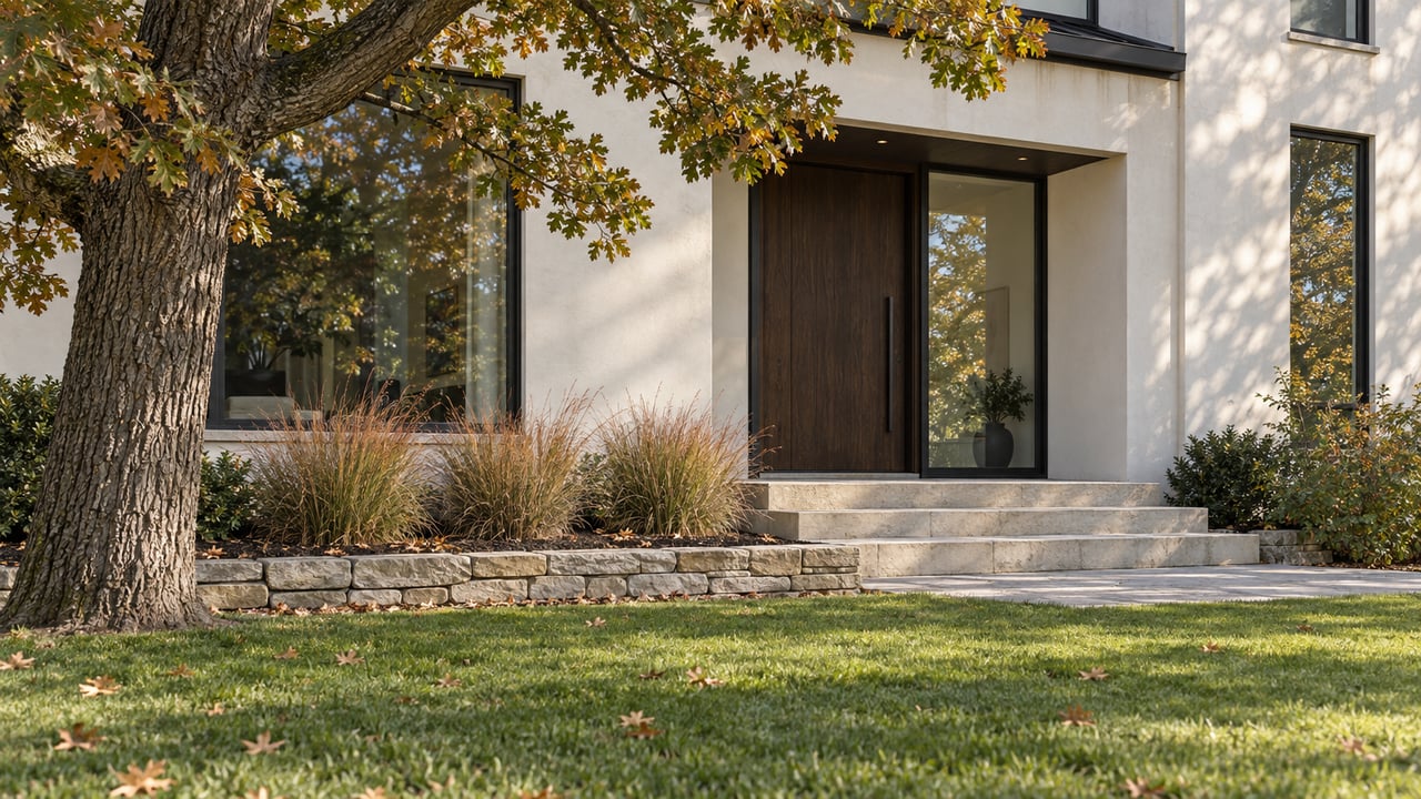 Stucco house with limestone entry steps, a dark timber door, and an autumn oak at the lawn’s edge.