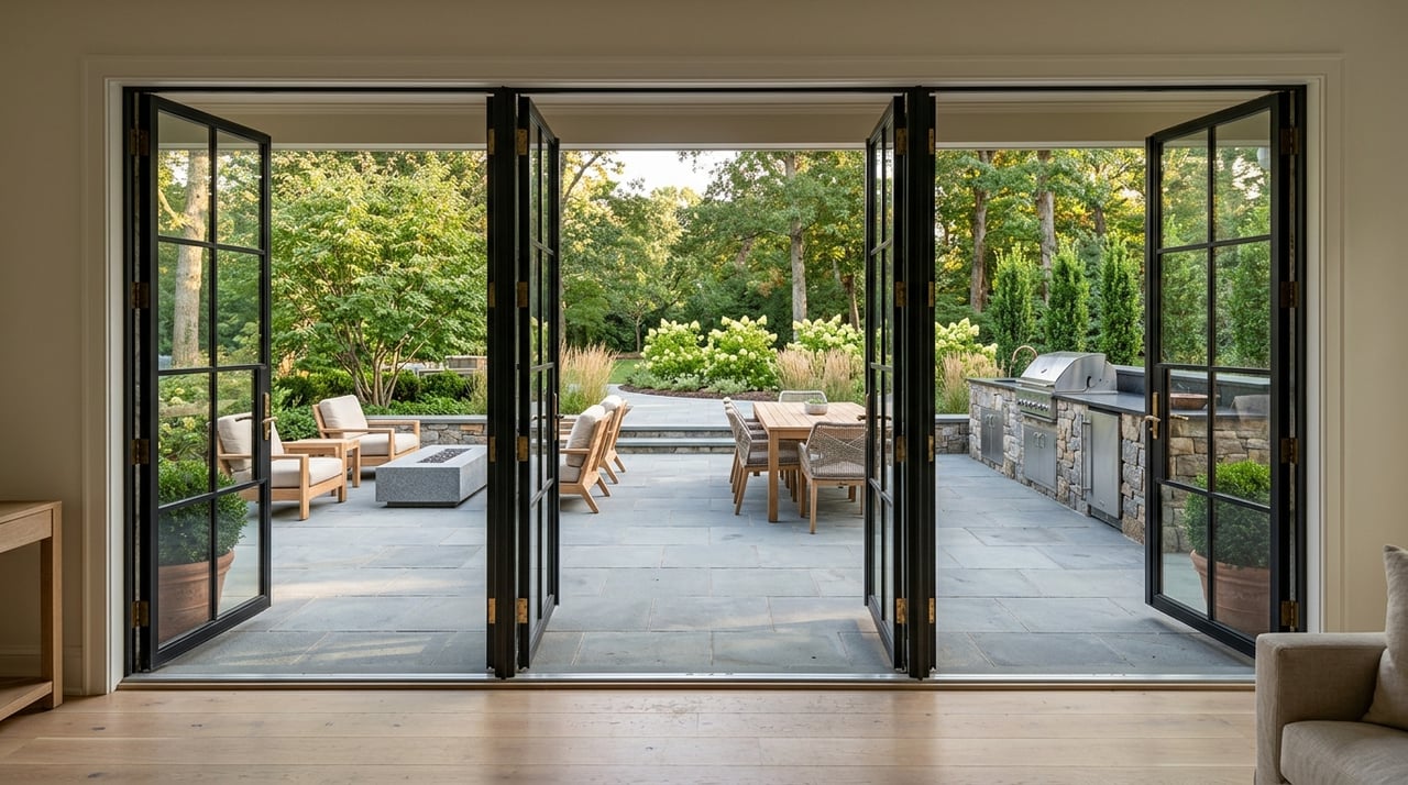 Indoor-outdoor threshold opening onto a terrace beneath house eaves.