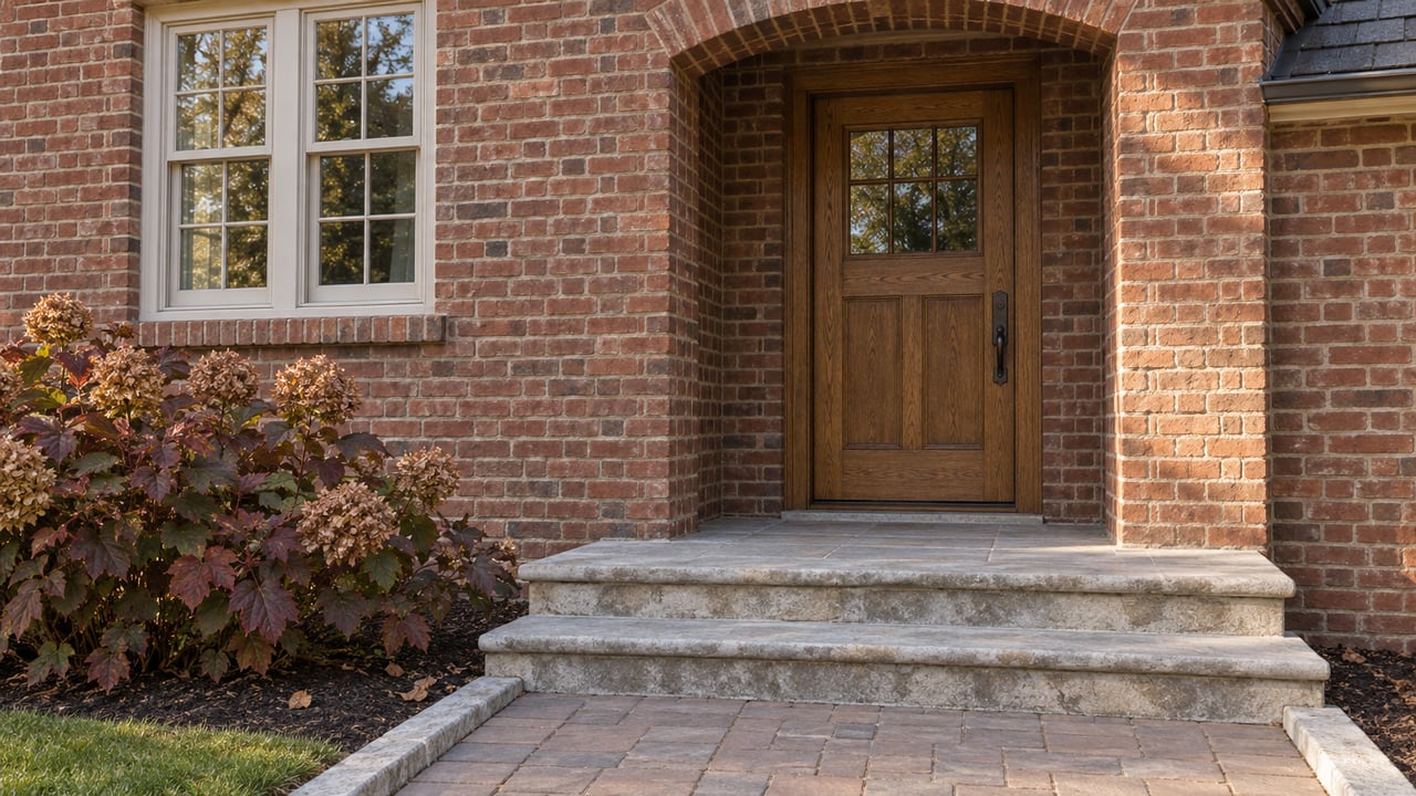 Brick home entry with an oak door, limestone steps and burgundy oakleaf hydrangea in morning light.