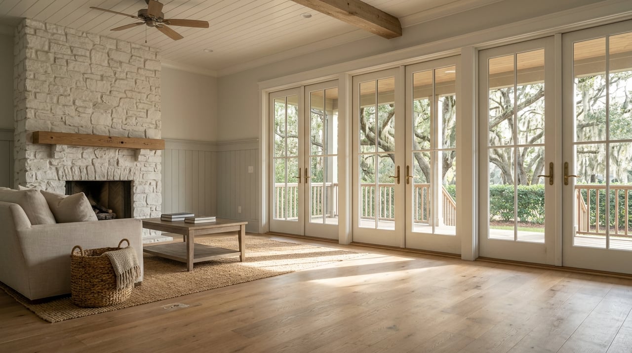 Coastal living room with a fieldstone fireplace, French doors, and a moss-draped oak beyond the porch.