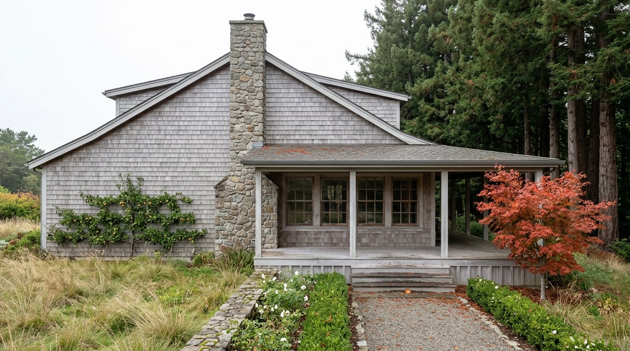 Coastal farmhouse with stone chimney and wraparound porch, framed by redwoods and an autumn maple.