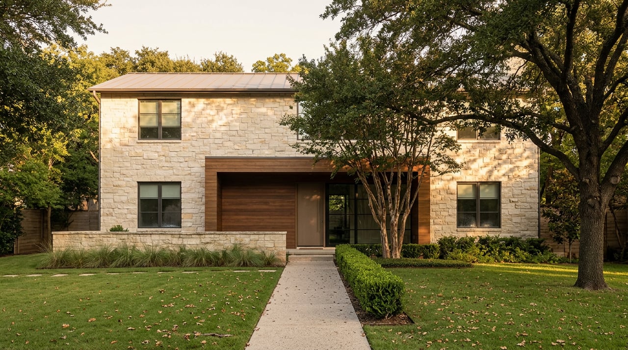 Two-story limestone estate with a recessed wood entry, mature live oak, and deep lawn dappled with shadows.