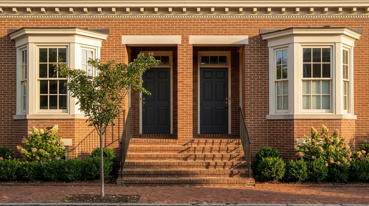 Mirrored brick duplex facade with twin charcoal doors, bay windows, stoop steps, and a flowering serviceberry tree.