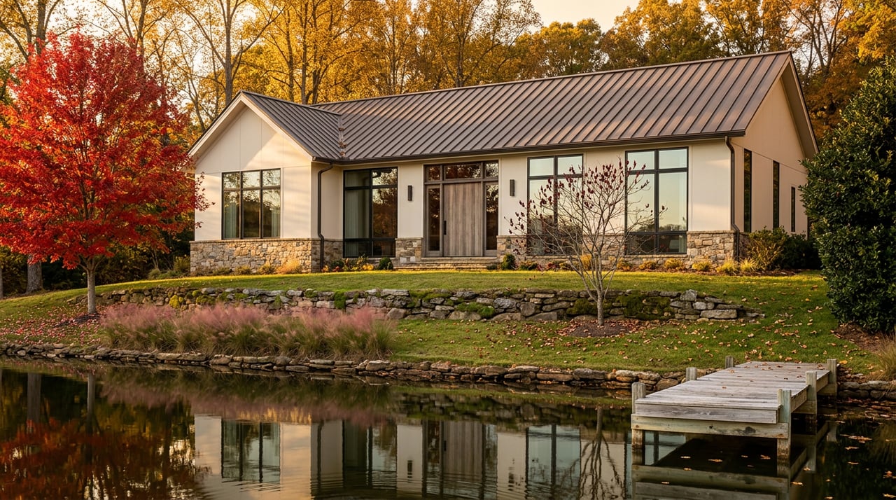 Off-white stone-and-panel lake house reflected in still water, framed by scarlet and golden autumn trees.