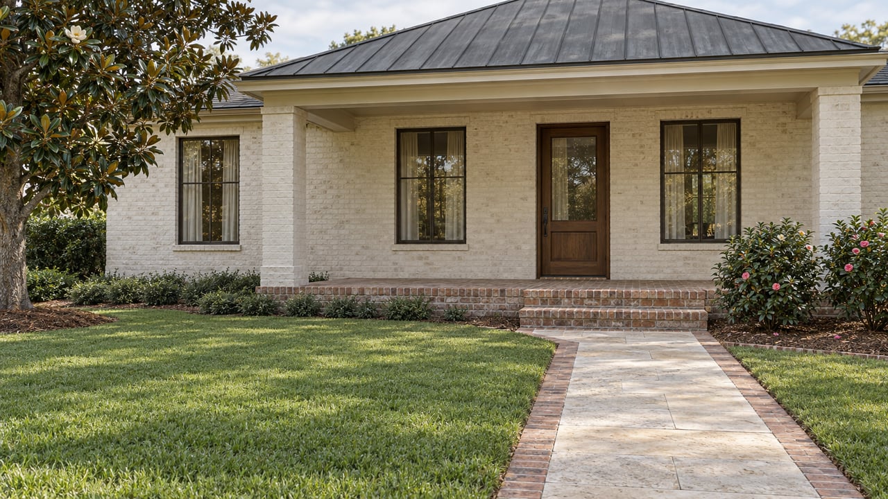 An ivory brick house with a shaded porch, walnut front door and limestone garden walk beside a magnolia tree.