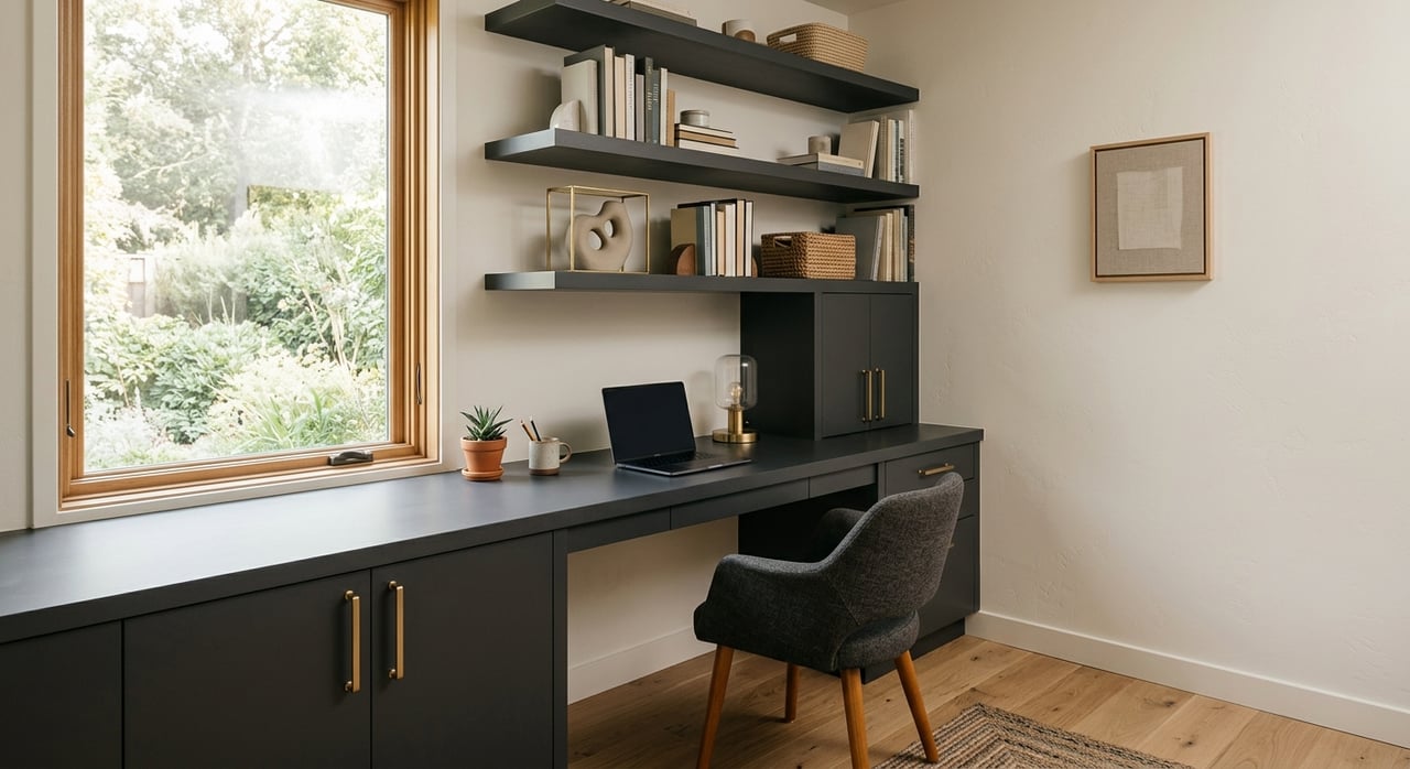 Charcoal office built-ins surround a quartz desk, oatmeal chair, and floor plant.