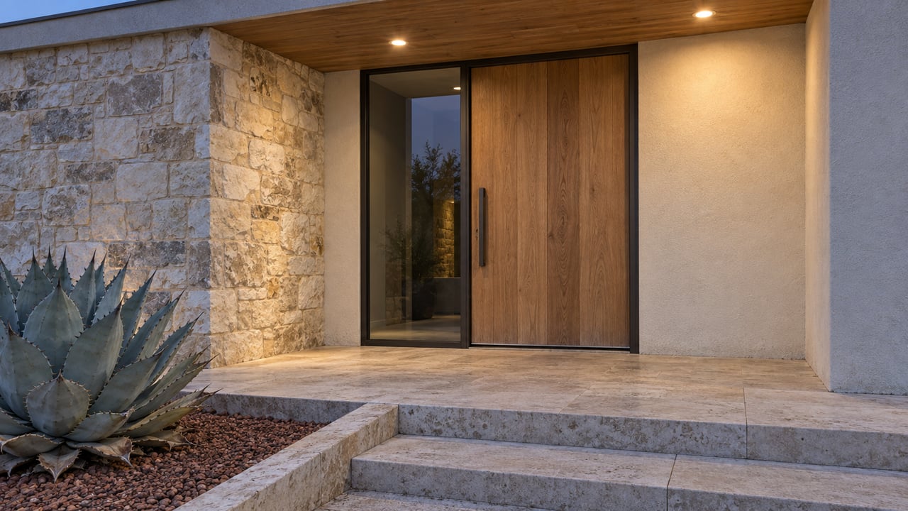 Blue-hour view of a cream stucco entry with limestone walls, a warm wood door, softly illuminated steps and one blue-gray agave.