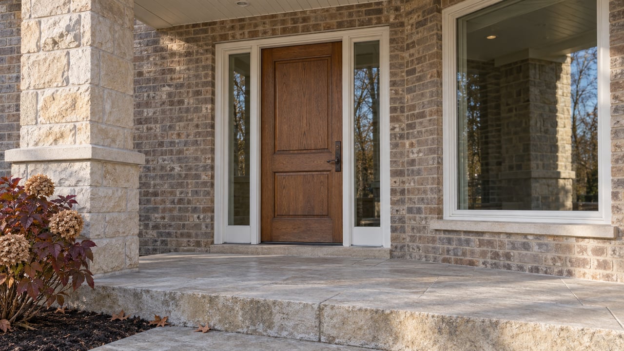 Oak front door with paired sidelights beneath a covered brick-and-limestone entry, with burgundy oakleaf hydrangea beside the stone step.