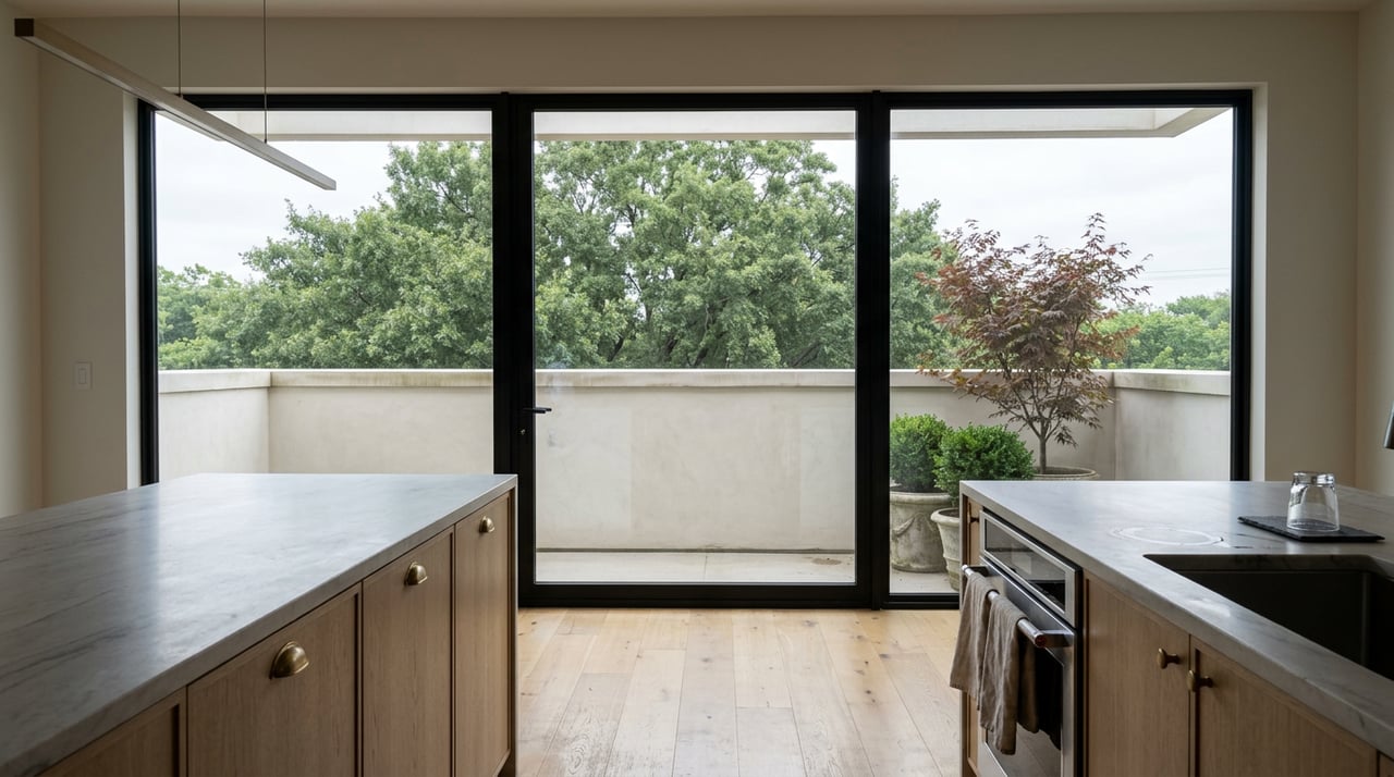 Quartzite kitchen island faces a black-framed glass wall, with balcony planters and a dense oak canopy beyond.