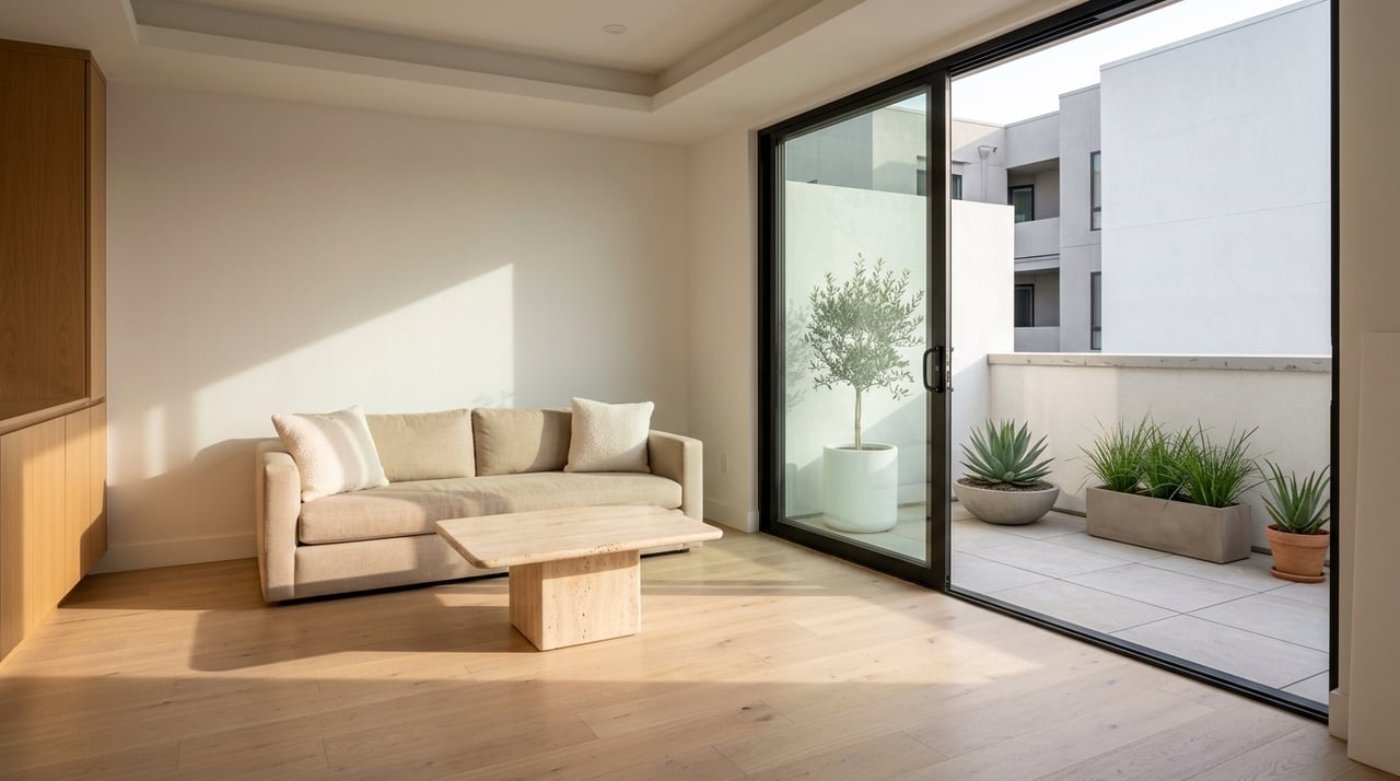 Condo living room with a black-framed slider opening onto a terrace behind a stucco privacy wall.