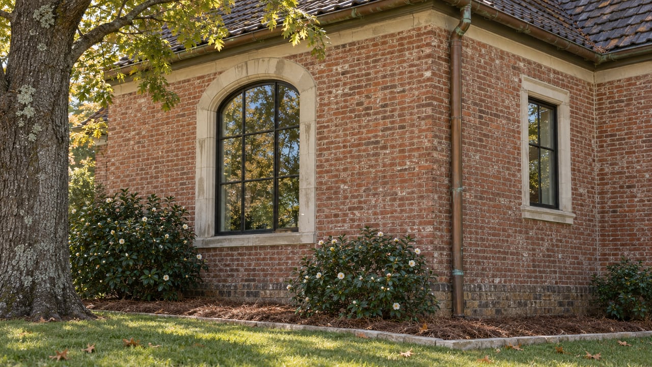 Red-brick home corner with an arched steel-framed window, smaller side window, oak, and edged garden bed.