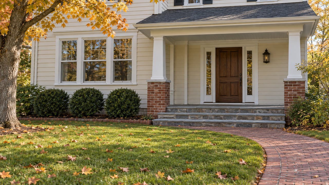 Cream clapboard house with a covered oak entry, bluestone steps and a brick walk across a broad autumn lawn beneath an amber sugar maple.