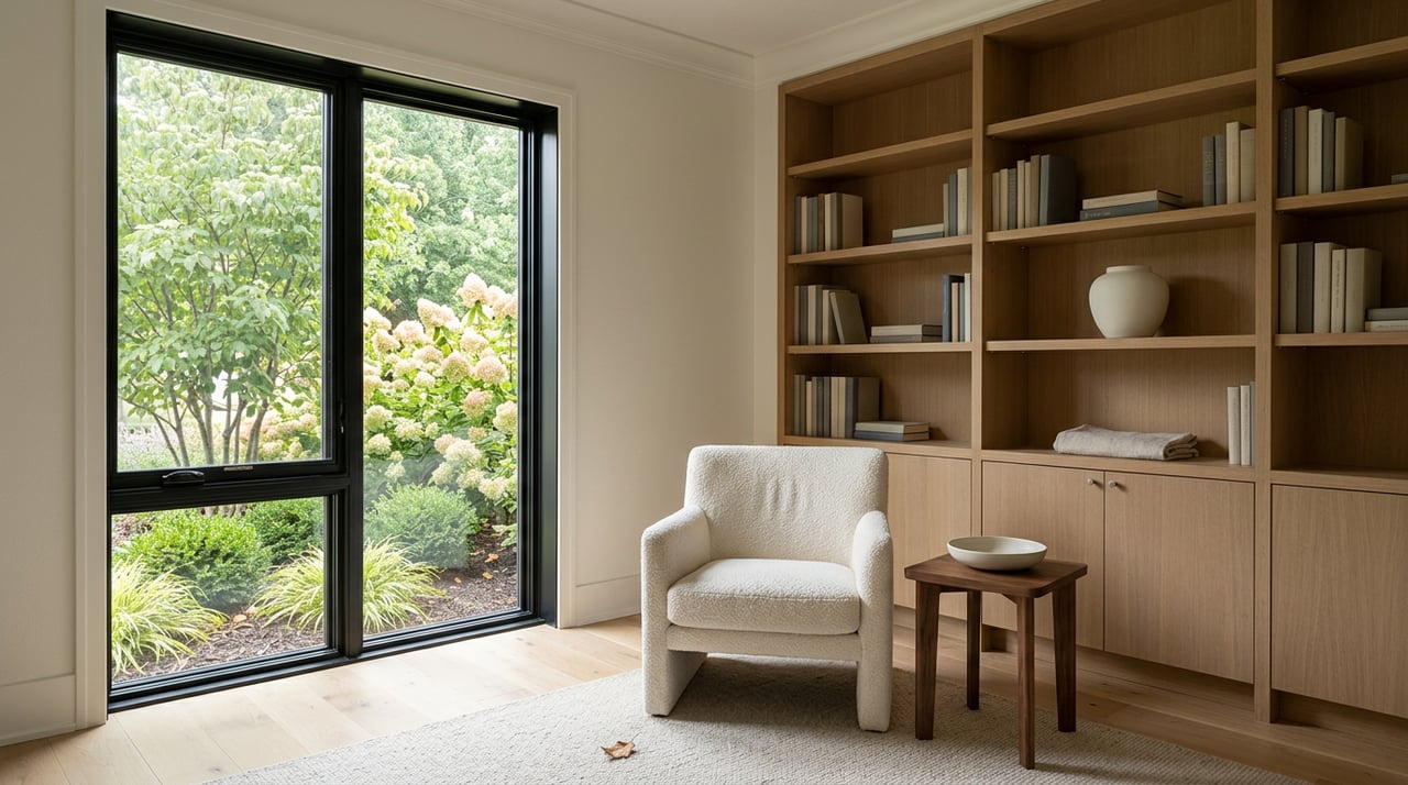 Home study with oak built-ins, an ivory boucle chair, and a black-framed window overlooking leafy plants.