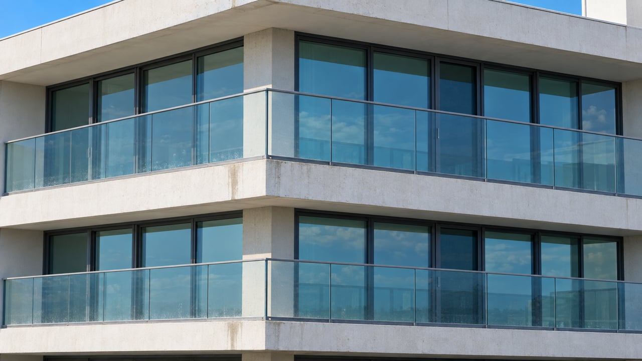 Condominium tower corner with two stacked balconies, glass railings, sliding doors, and pale concrete slabs.