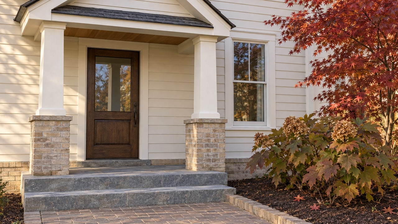 Close view of a glazed oak front door beneath a gabled porch, with buff brick piers, stone steps and autumn planting.