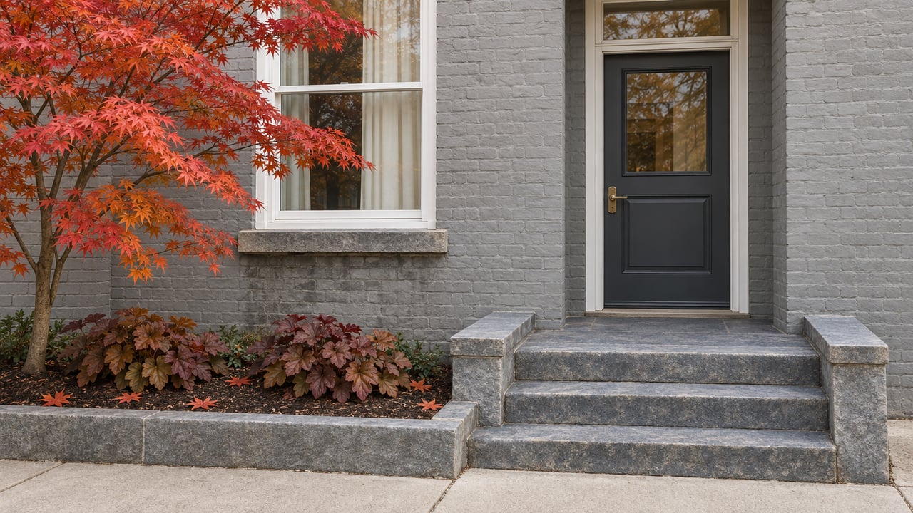 Gray brick townhouse entry with a charcoal door, white-trimmed window, worn stone steps and a red-orange Japanese maple.
