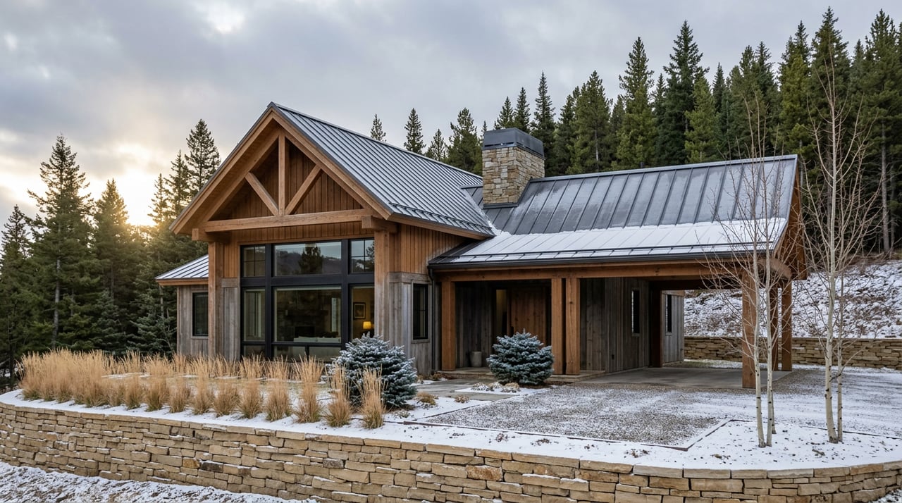 Mountain home with timber entry, stone walls, fresh snow, and dense conifers behind.