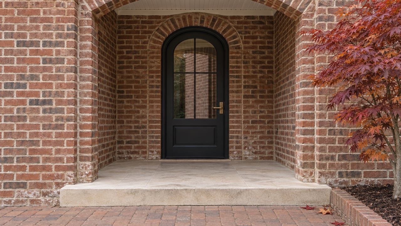 Arched black glazed entry door recessed in weathered red-brown brick, above limestone steps beside copper-colored Japanese maple leaves.