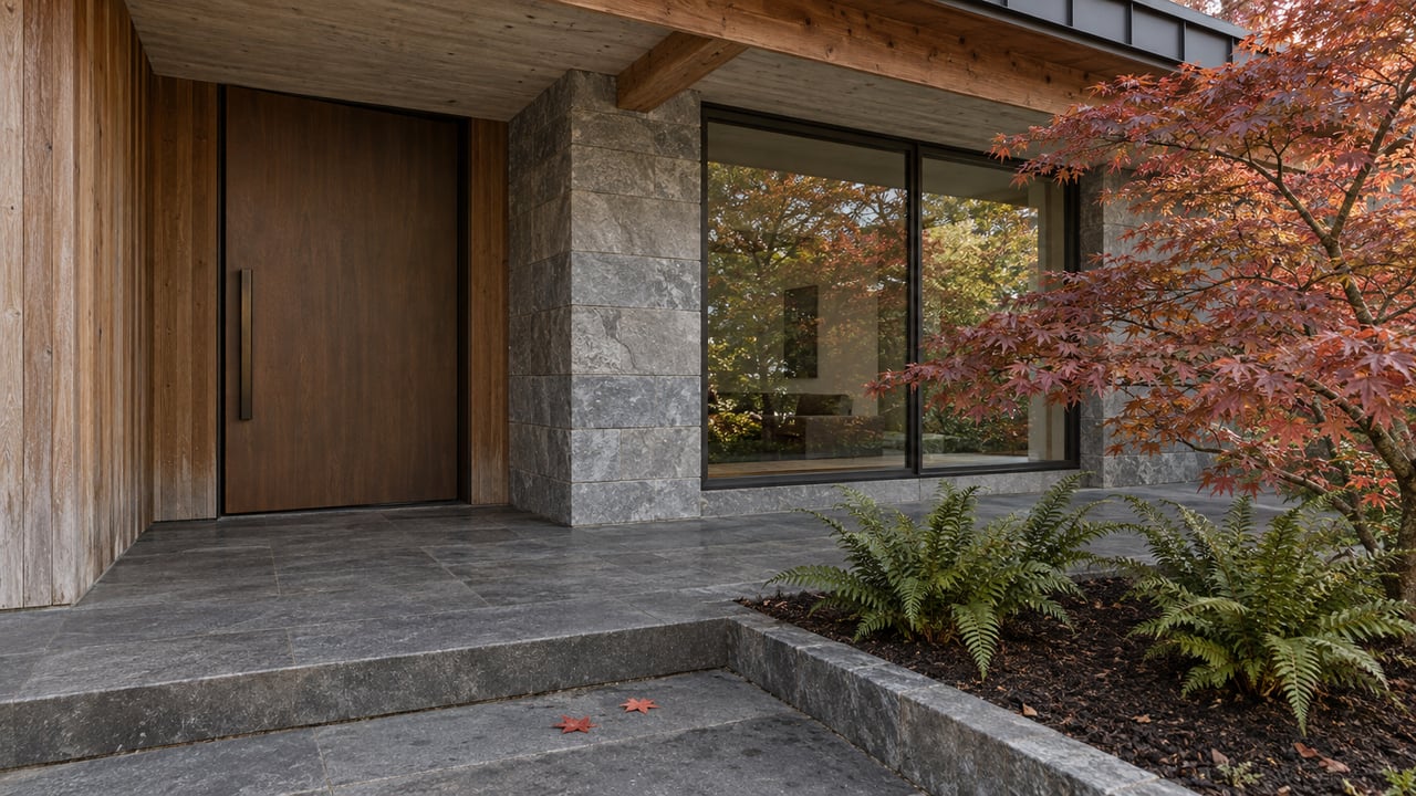 Timber-and-stone entry with a closed oak door, bronze-framed glass, basalt steps, and copper-red maple leaves.
