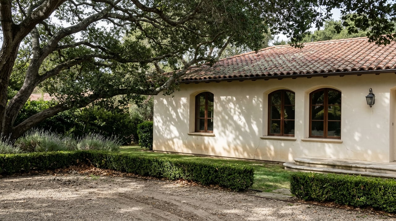 A broad oak canopy overhangs a cream stucco estate with terracotta roof tiles, arched windows, and a gravel court.