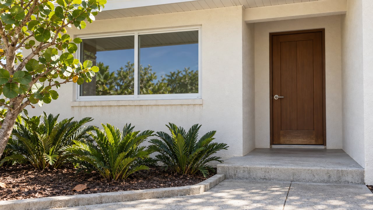 Sunlit sand-white stucco entry with a wood door, white-framed window and sea-grape planting beside a concrete walk.