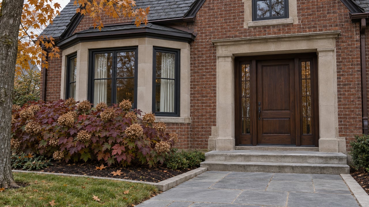 Late-autumn brick home with a slate gable, limestone entry steps, dark oak door, and burgundy oakleaf hydrangea beside a window bay.