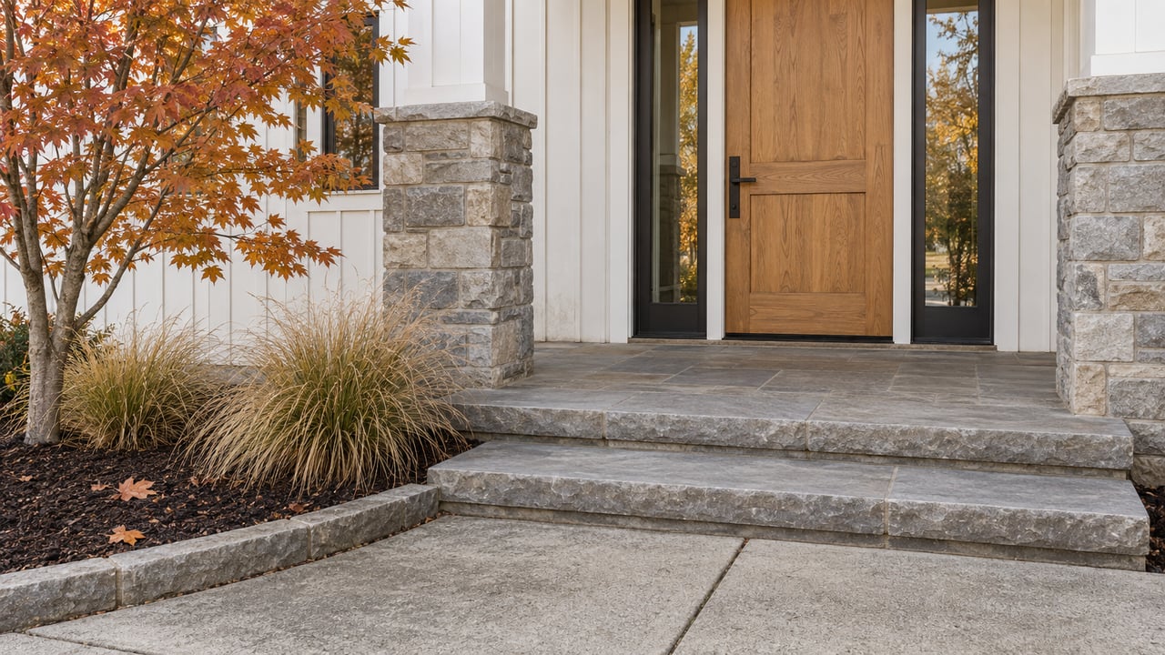 Wood front door with paired glass sidelights above broad stone steps, beside copper-colored maple leaves and ornamental grasses.