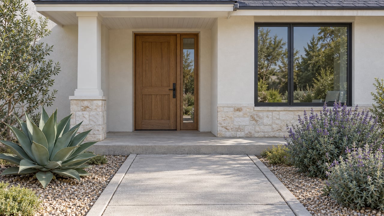 Updated single-story home with an oak entry door, white covered porch, limestone accents and a concrete approach between agave and sage planting.