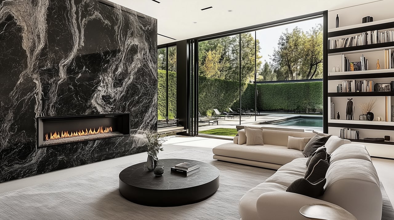 Contemporary living room with a marble fireplace, white sectional, and windows overlooking a pool.