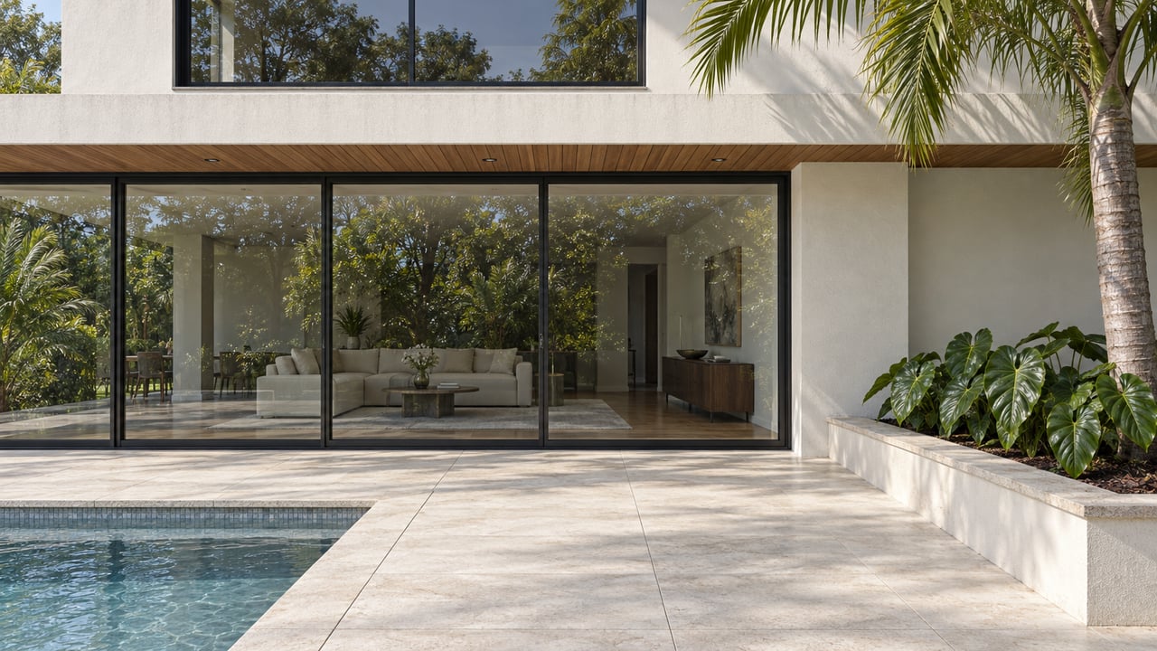 White contemporary home with black-framed glass doors, a teak soffit, pale limestone terrace and a small pool corner beside a raised tropical planting bed.