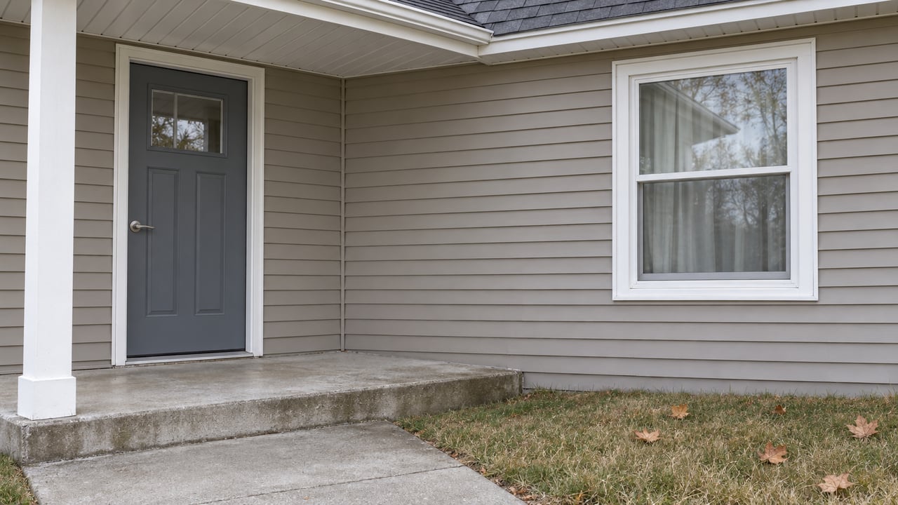 Taupe-sided home with a closed gray entry door, white-trimmed window and weathered concrete stoop beside autumn grass.