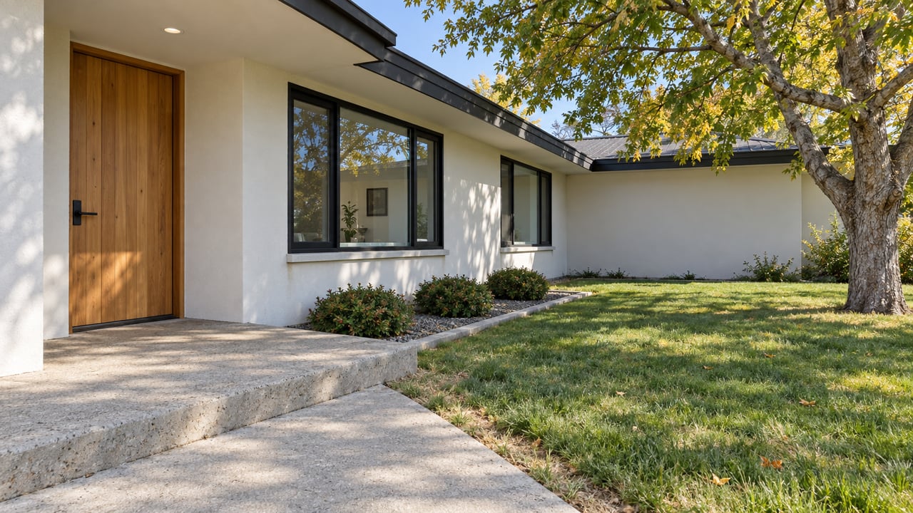 Modern white home with a wood front door, black-framed windows, and a mature tree in the yard.