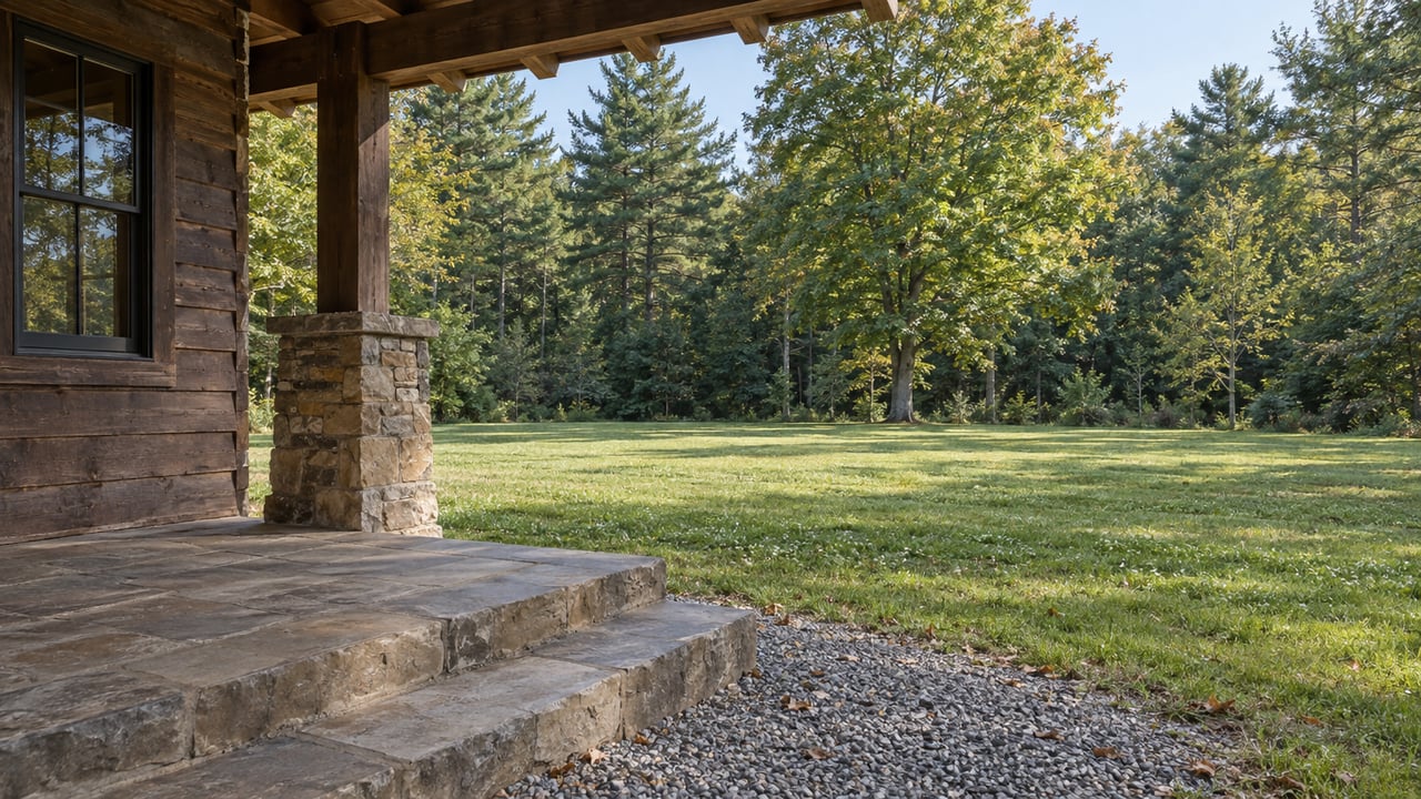 Timber cabin porch with sandstone steps overlooking a broad mown meadow and wooded tree line.