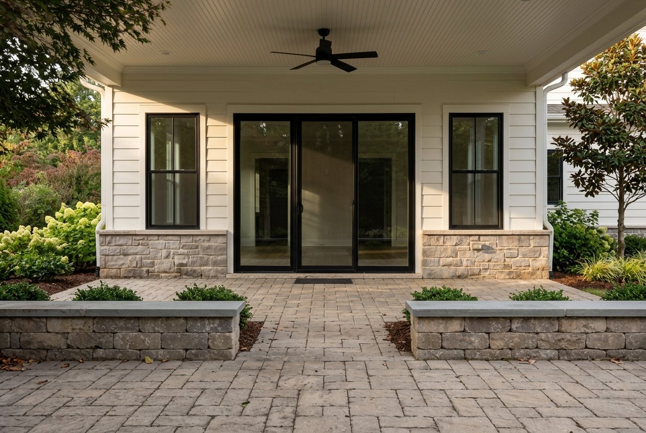 Rear patio beside a transitional Craftsman home's doorway in late-afternoon light.