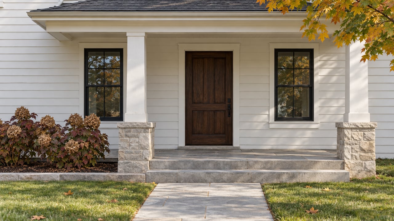 Covered home entry with white siding, a dark wood door, paired black windows and limestone steps beside autumn oakleaf hydrangeas.