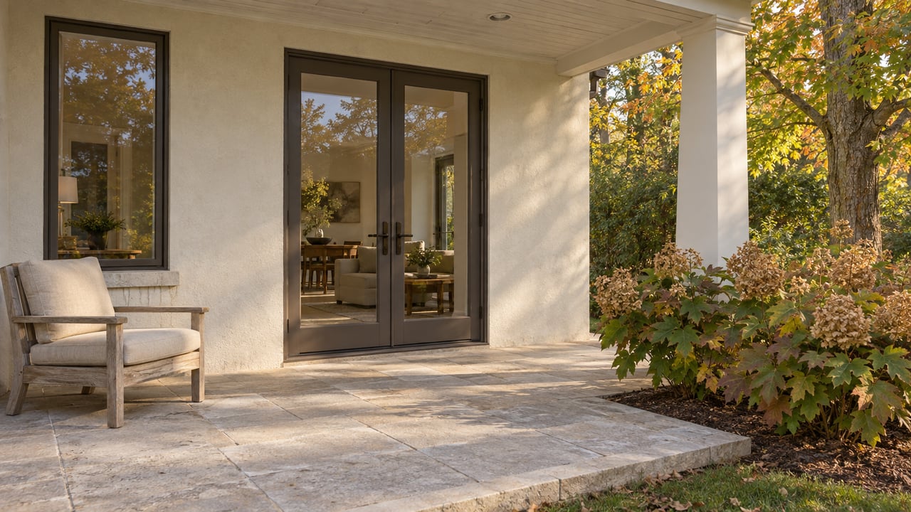 An ivory stucco home's covered limestone terrace with bronze-framed glass doors, a weathered teak chair and oakleaf hydrangeas in early autumn light.