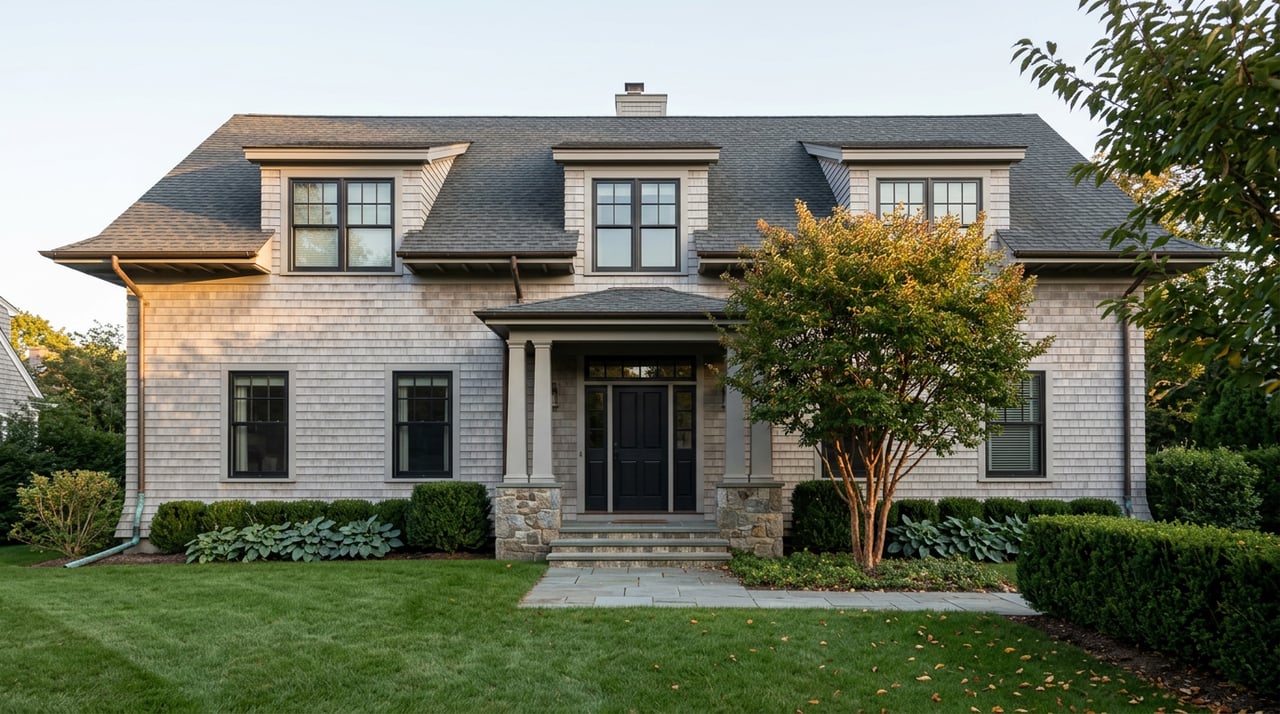 Silver-gray shingle house with two dormers and a central chimney beyond a deep lawn and bluestone walkway.