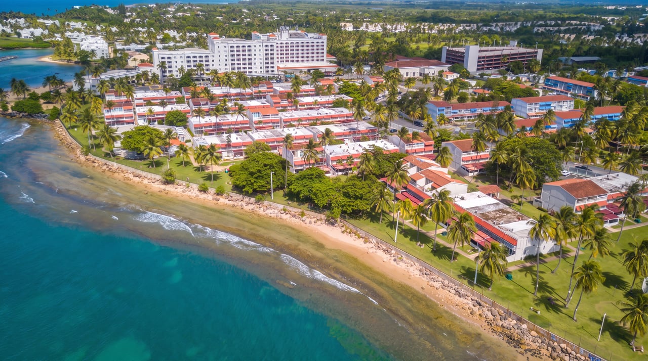 Aerial view of Villas de Playa residences, palm-lined grounds, and turquoise water along the coast.