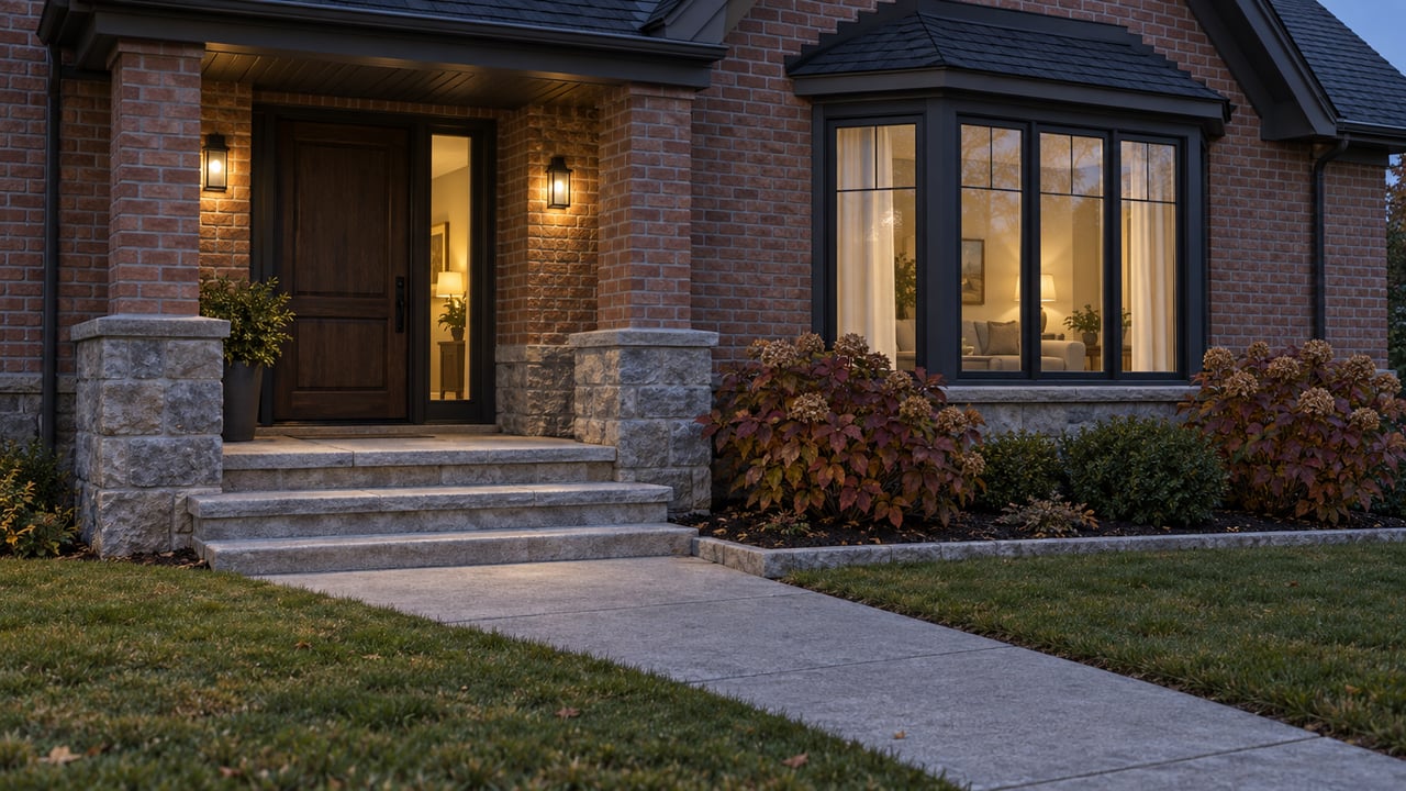 Dusk view of a brick detached home's covered oak entry, limestone steps and glowing bay window, with autumn oakleaf hydrangeas beside the lawn.