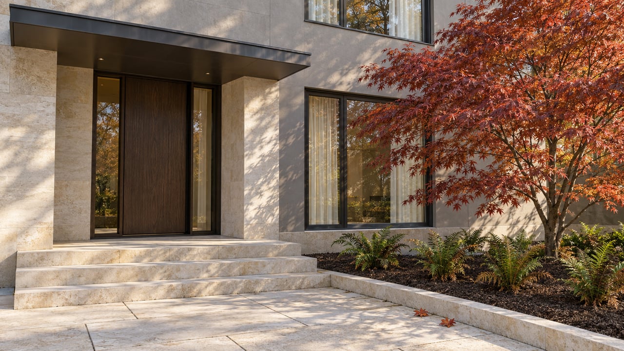 Pale limestone approach and recessed entry of an upscale home beside a copper-red Japanese maple in autumn sunlight.
