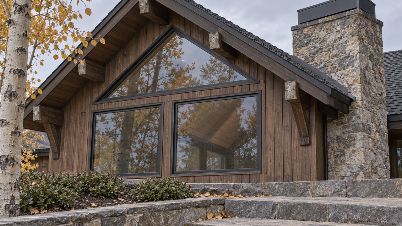 Autumn light on a timber-clad gable, bronze-framed windows and stone chimney above a stone terrace with yellow aspen leaves.