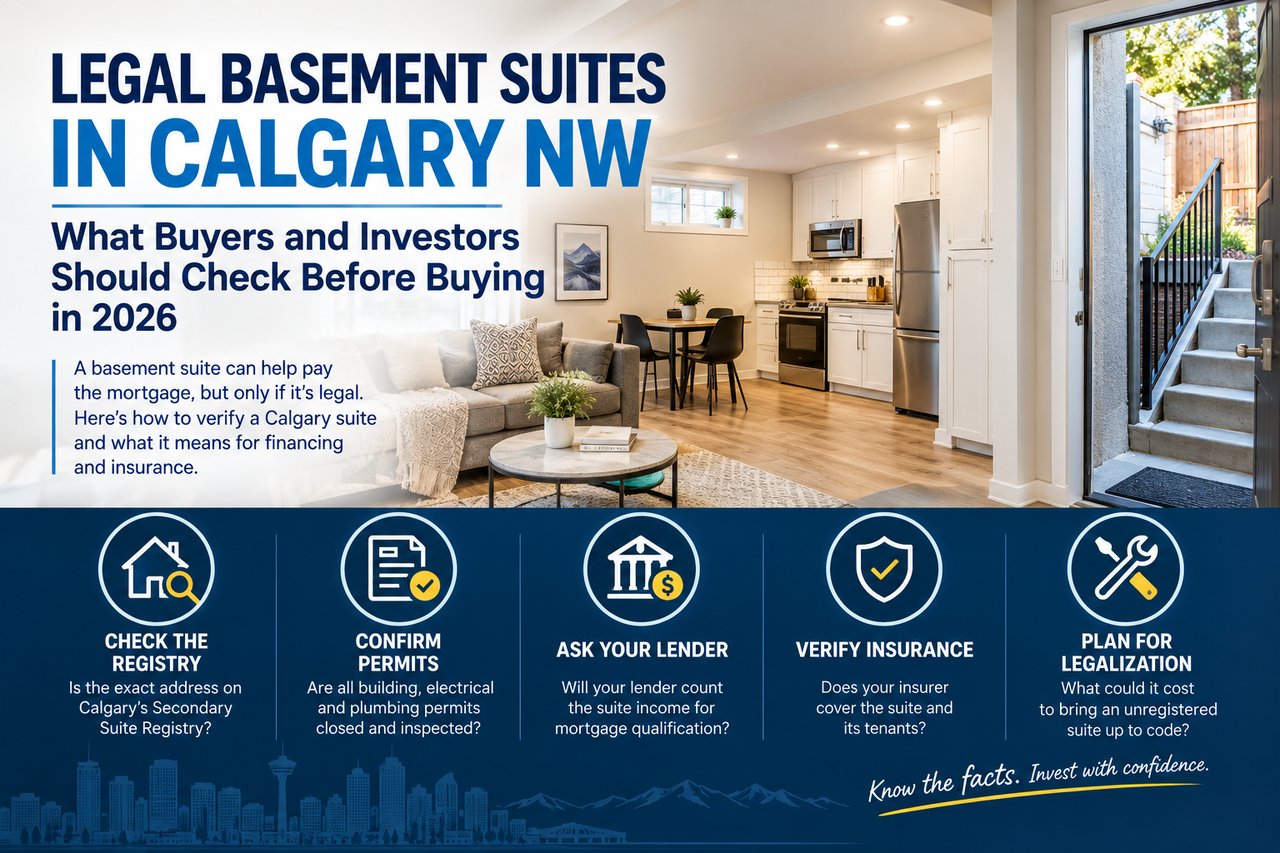 Infographic on Calgary NW basement suites, with a furnished suite and five checks for buyers and investors.