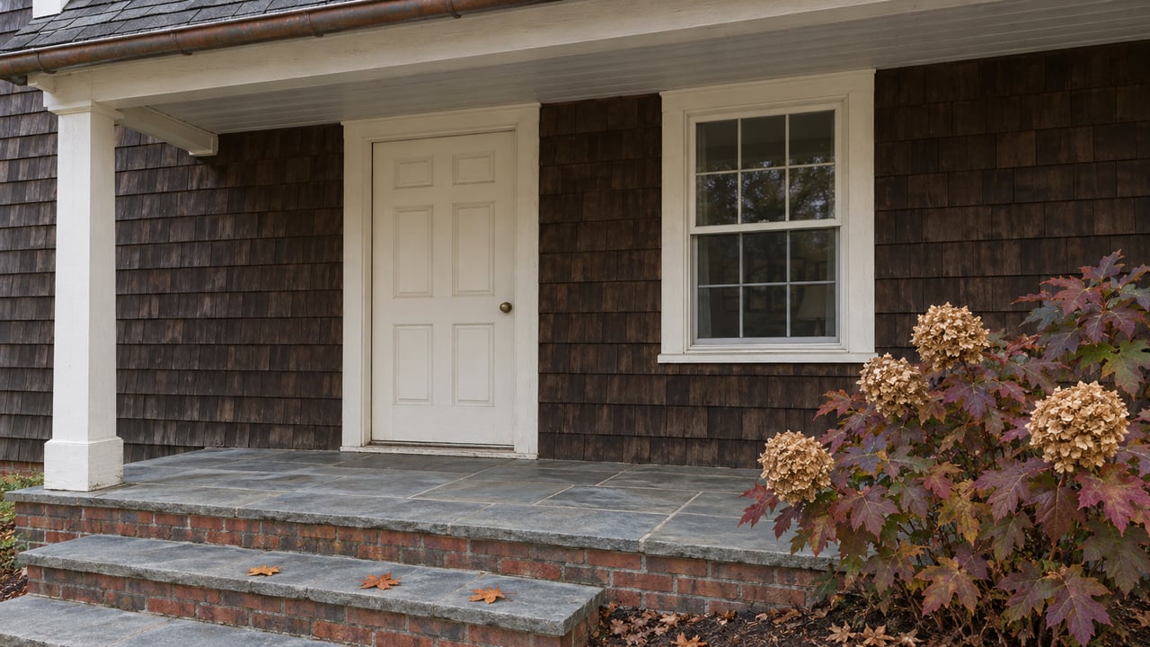 Dark cedar-shingled home entry with an ivory door, bluestone steps, brick risers and autumn oakleaf hydrangea.