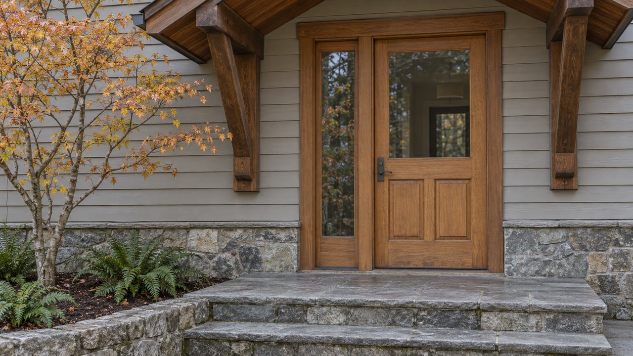Sheltered wood-and-glass front door framed by gray cedar siding, stone steps and copper autumn leaves.